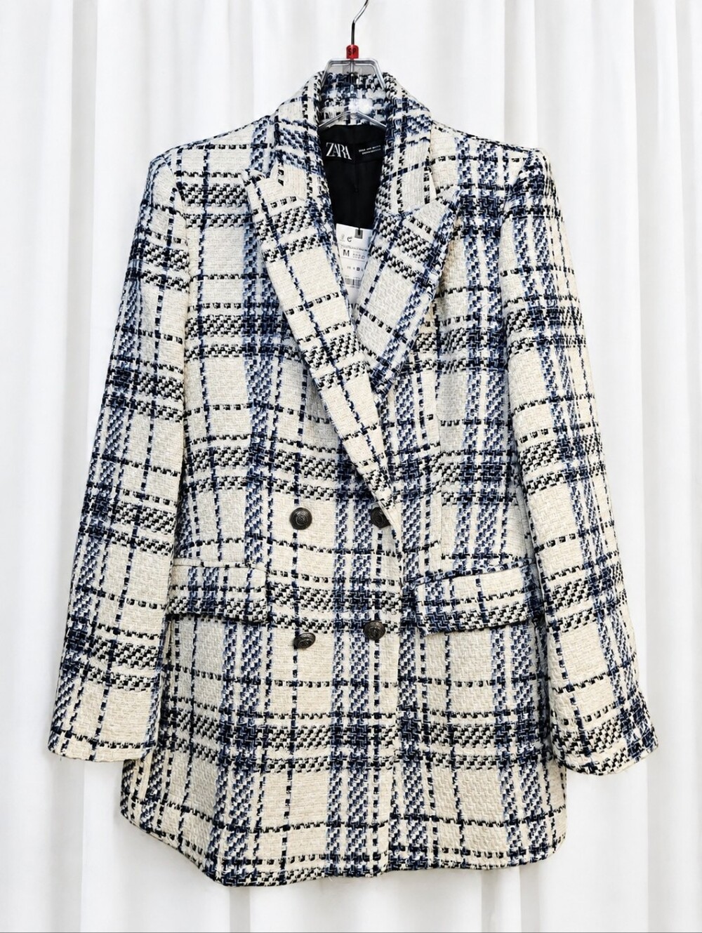 Zara Blue Off White Plaid Tweed Double Breasted Crest Button Blazer Jacket